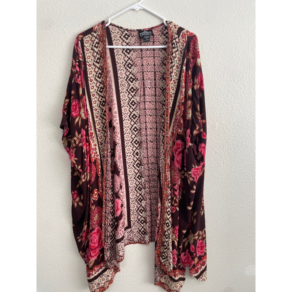 Angie Kimono Cardigan Women Small Burgundy Floral Boho EUC Open Front Layer